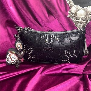 Ed Hardy Black Embossed Clutch with Skull Charms